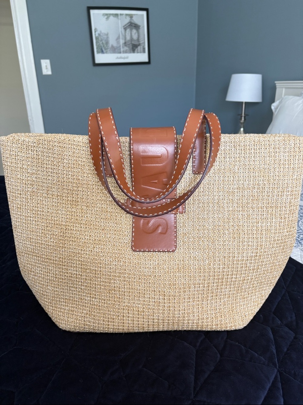 STAUD Natural Woven Tote with Tan Leather Trim